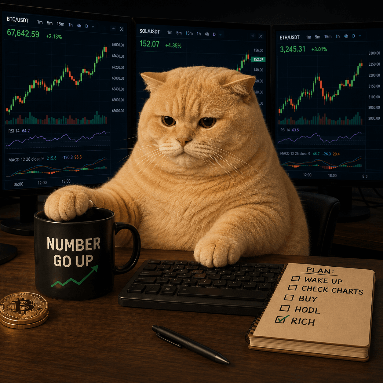 Omoji Pearcat watching BTC SOL ETH charts with a HODL plan