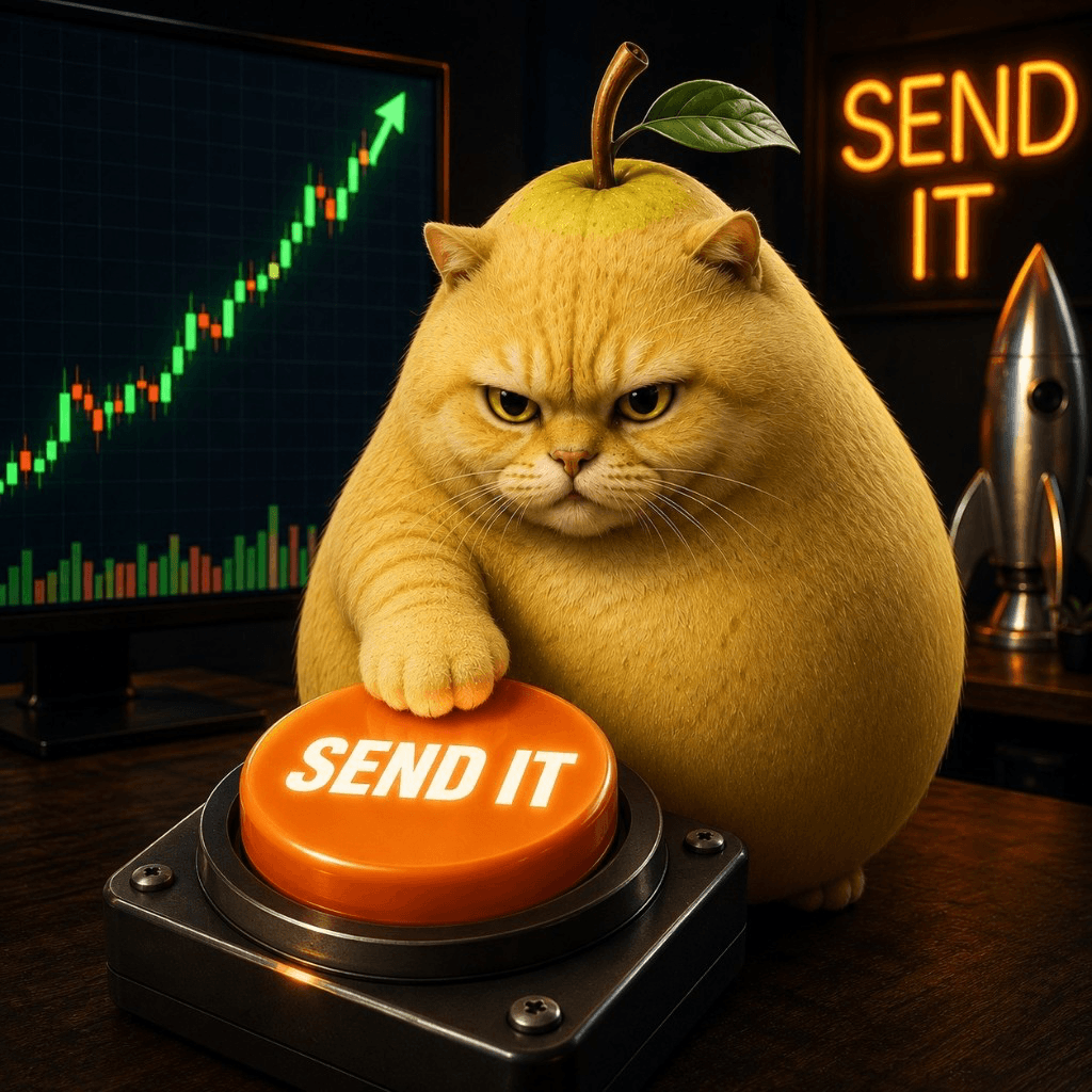 Pearcat slamming the SEND IT button with green chart behind