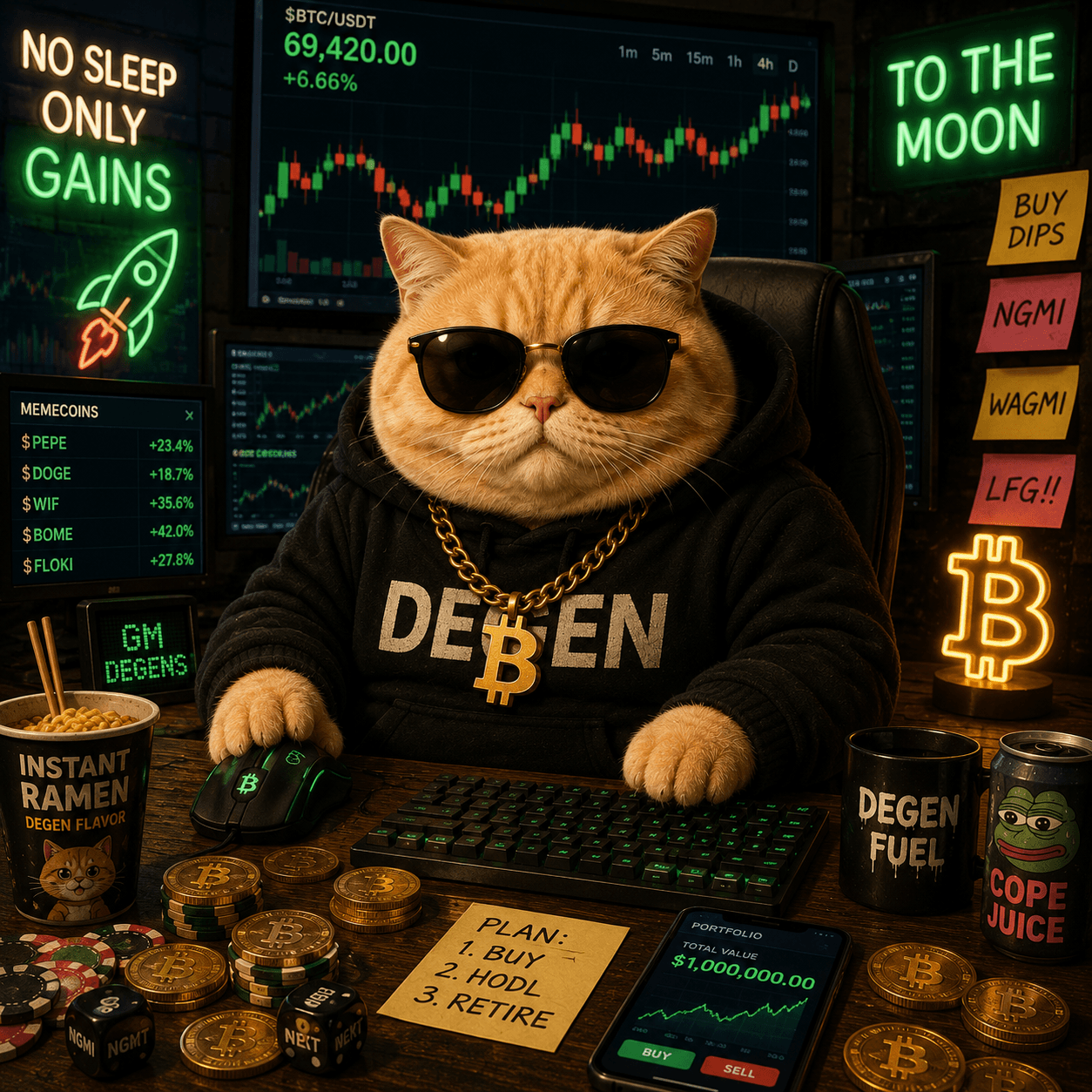 Omoji Pearcat at the degen trading desk with buy-hodl-retire plan
